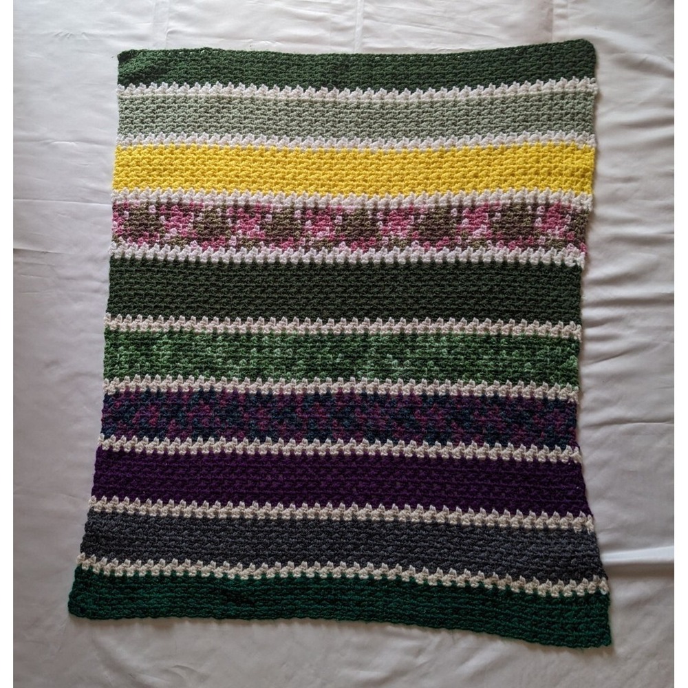 Handmade‎ Blanket Afghan Throw Crochet Green Purple Yellow 41" X 36"